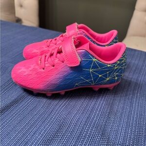 Pink and Blue Soccer Cleats with Web Pattern